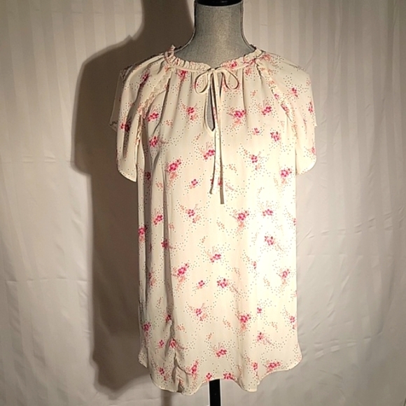 LOFT Womens White & Pink Short Sleeves with Ruffle Collar & Front Tie, Size: XL - Picture 1 of 8